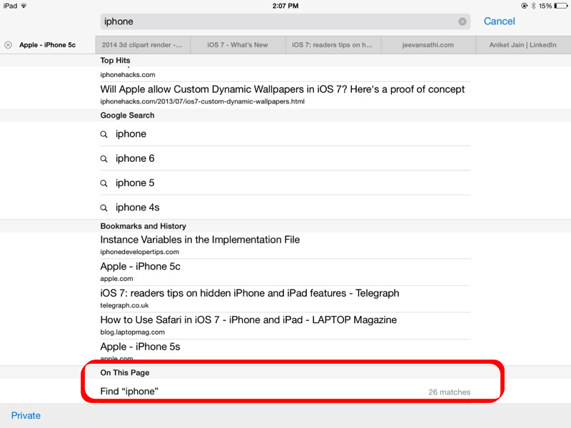 Screenshot - Find on Page on iPad - Safari iOS 7