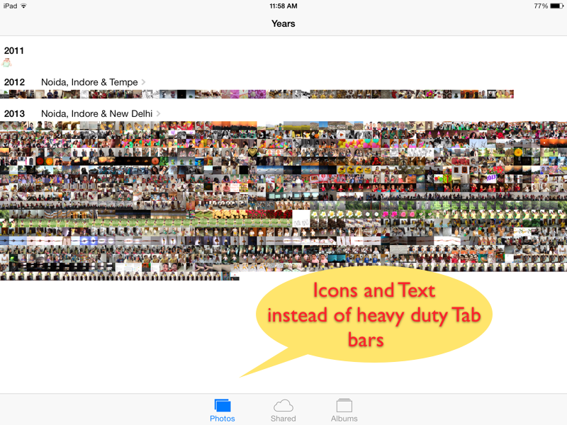 Subtle buttons with flat icons and text in Photos app - iOS 7 - iPad Screenshot