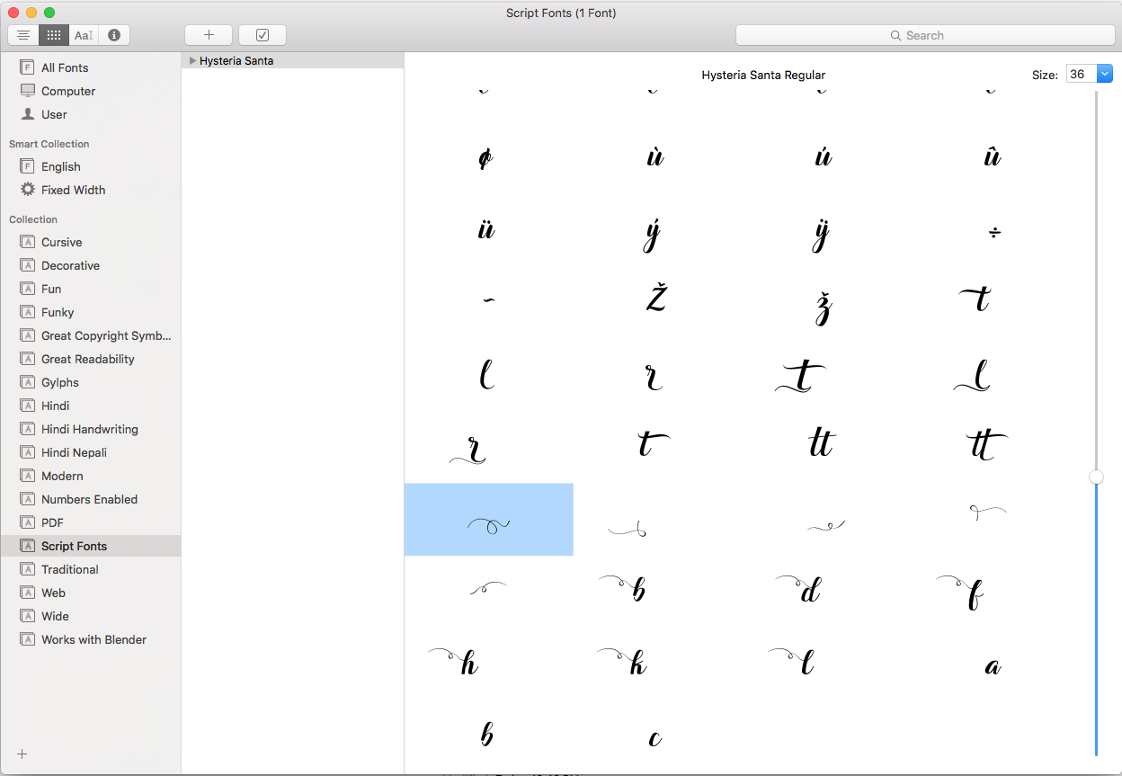 FontBook on MacOS - Hysteria Santa Script Repertoire View