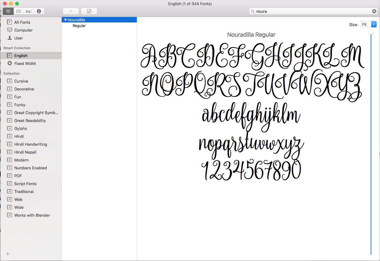 FontBook on MacOS - Nouradilla Script Sample View