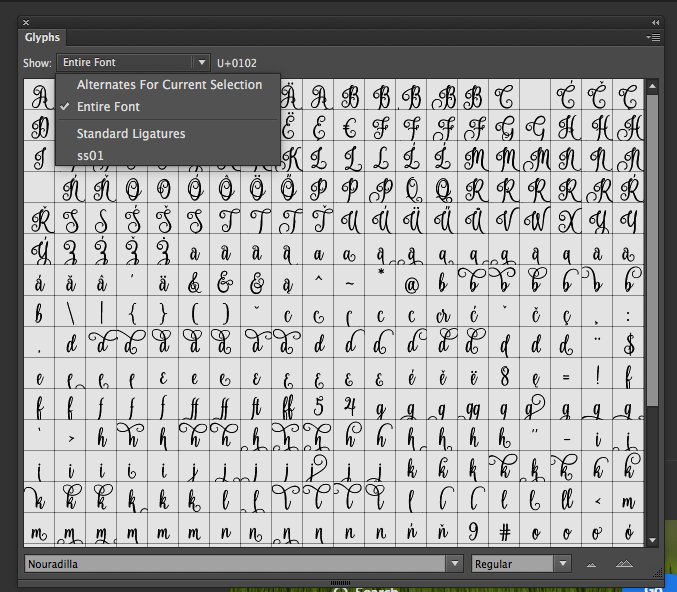 Illustrator Screenshot Glyphs Window Nouradilla Script