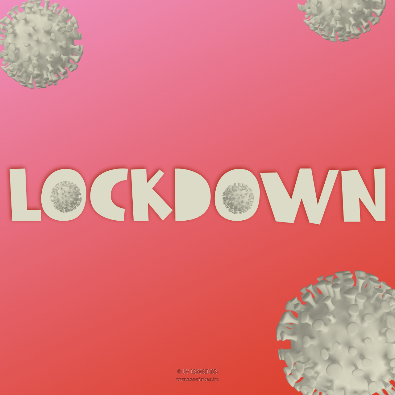 Lockdown text on gradient background with 3d renders of Covid-19 cells